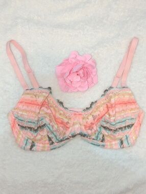 Victoria's Secret Pink Multicolor Lace Stripe Bra with Floral Accent